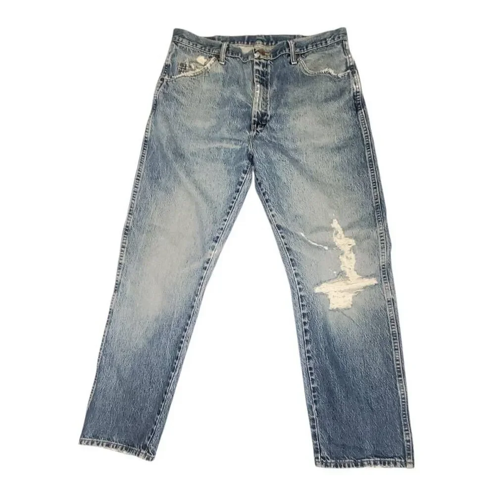 Wrangler Vintage 96501MR Jeans Mens 38x32 USA Made Distressed Light Wash 100% Co
